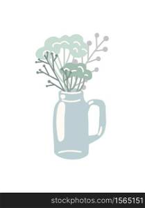Flat color jars with bouquet of herbs and branches on white background. Spring herbs in a vase. Vector rustic illustration for pin, sticker, card and invitation and your creativity.. Flat color jars with bouquet of herbs and branches on white background. Spring herbs in a vase. Vector rustic illustration
