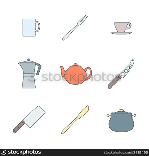 flat color outline dinnerware icons set. vector various flat colored outline dinnerware tableware utensil icons
