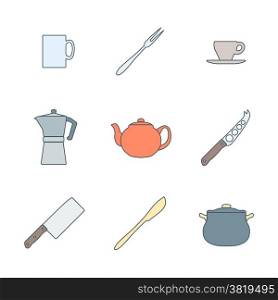 flat color outline dinnerware icons set. vector various flat colored outline dinnerware tableware utensil icons