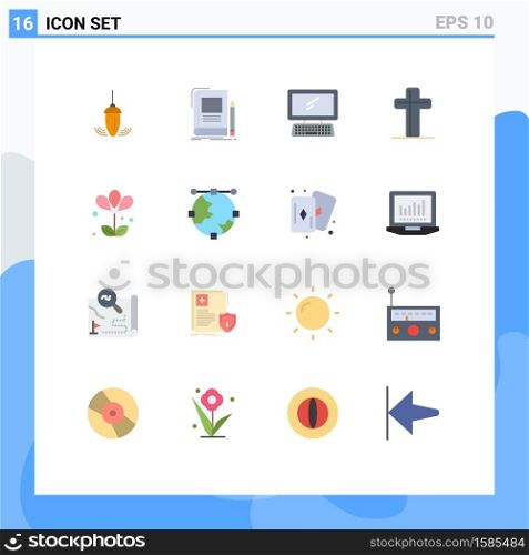 Flat Color Pack of 16 Universal Symbols of cross, celebration, notebook, pc, device Editable Pack of Creative Vector Design Elements