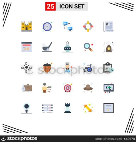 Flat Color Pack of 25 Universal Symbols of chart, estate, network, document, lifesaver Editable Vector Design Elements