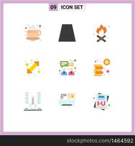 Flat Color Pack of 9 Universal Symbols of coins, finance, fire place, chat, up down Editable Vector Design Elements