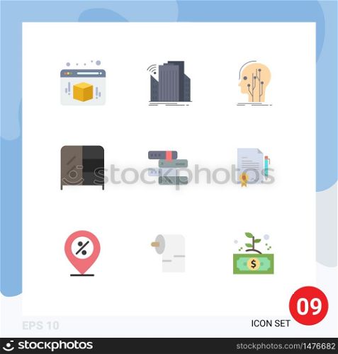 Flat Color Pack of 9 Universal Symbols of education, wardrobe, data, interior, network Editable Vector Design Elements