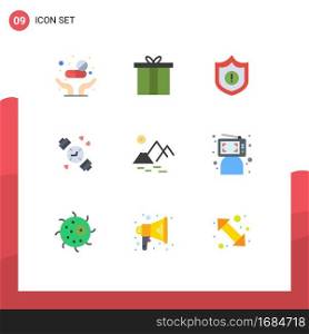 Flat Color Pack of 9 Universal Symbols of farming, mountain, guard, environment, hand watch Editable Vector Design Elements