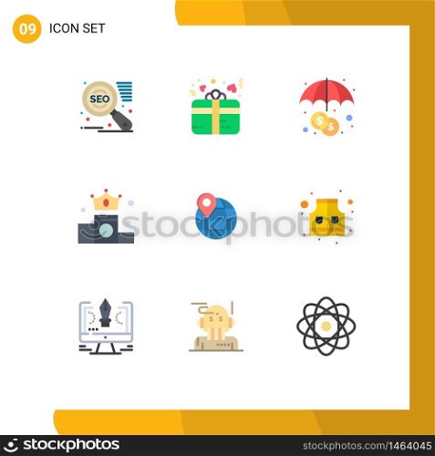 Flat Color Pack of 9 Universal Symbols of internet, map, insurance, location, money Editable Vector Design Elements