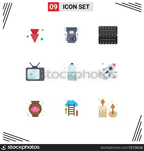 Flat Color Pack of 9 Universal Symbols of launch, sports, wheel, fitness health, watch Editable Vector Design Elements