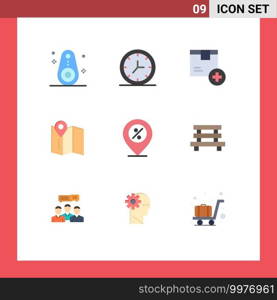 Flat Color Pack of 9 Universal Symbols of percent, ecommerce, box, service, location Editable Vector Design Elements