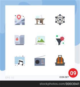 Flat Color Pack of 9 Universal Symbols of photo, landscape, language, image, science Editable Vector Design Elements