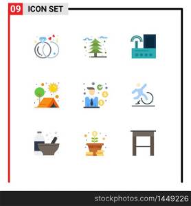 Flat Color Pack of 9 Universal Symbols of sun, outdoor, router, camping, radio Editable Vector Design Elements