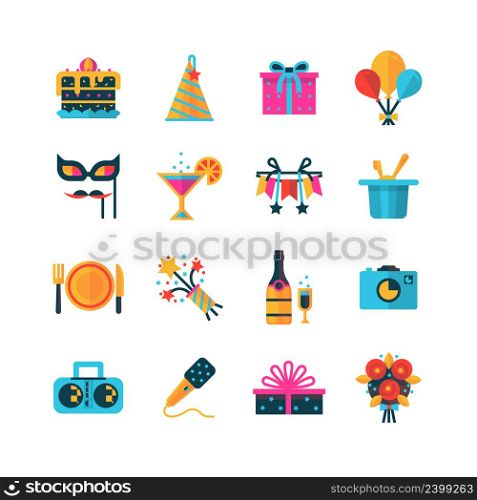 Flat color party icons set with gift box bouquet balloons and bottle of champagne isolated vector illustration . Party Color Icons Set