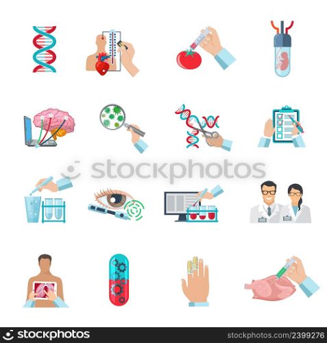 Flat color scientific icons set of biotechnology genetic engineering and nanotechnology isolated vector illustration. Flat Color Biotechnology Icons Set