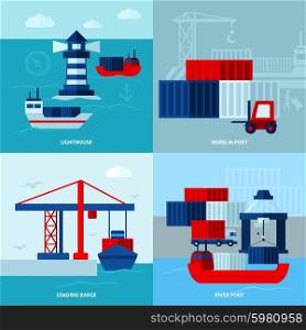 Flat Color Seaport Concept . Flat color seaport concept with ships lighthouse and port facilities vector illustration