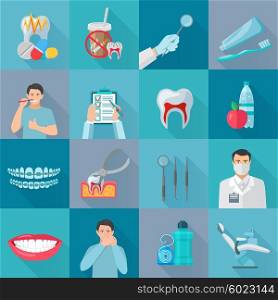 Flat Color Shadow Dental Icons. Flat color shadow dental icons set with instruments for teeth treatment and hygiene products isolated vector illustration