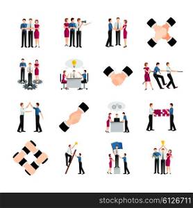 Flat Color Teamwork Icons Set. Decorative colored flat teamwork icons set with people commands and handshake signs as symbol of cooperation and partnership