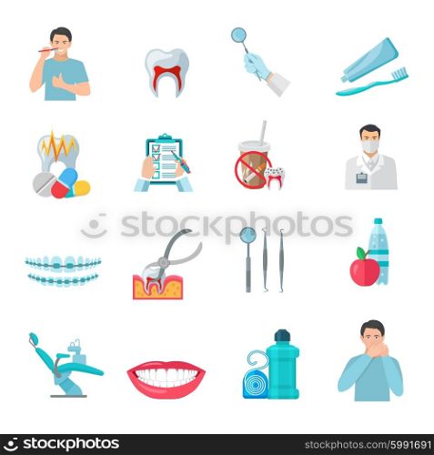 Flat Color Teeth Icons Set. Flat color teeth icons set with dentist tools and dental care products isolated vector illustration