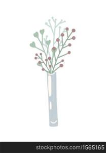 Flat color vertical vase with bouquet of herbs and branches with berry on white background. Spring romantic herbs. Vector rustic illustration for pin, sticker, card and invitation and your creativity.. Flat color vertical vase with bouquet of herbs and branches with berry on white background. Spring romantic herbs. Vector rustic illustration