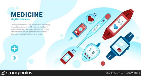 Flat colored digital medicine horizontal composition with headline descriptions and medical tools vector illustration