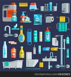 Flat Colored Hygiene Icons Set . Flat colored hygiene icons set of bathroom equipment elements detergent toiletries at dark blue background isolated vector illustration