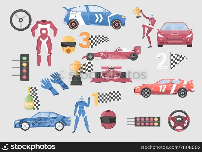 Flat colored icons set with racing cars racers and other elements isolated on grey background vector illustration. Racing Car Flat Set