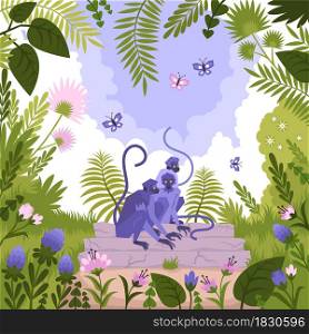 Flat colored landscape composition with a group of monkeys sitting in a tree in the jungle vector illustration. Flat Colored Landscape Composition