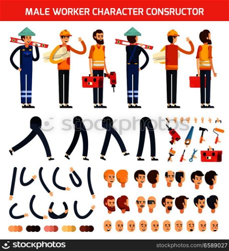 Flat colored male worker character constructor composition with isolated elements legs hands and heads vector illustration. Male Worker Character Constructor Composition