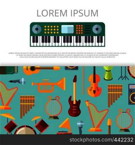 Flat colored musical instrumets banner or poster template. Vector illustration. Flat musical instrumets banner template
