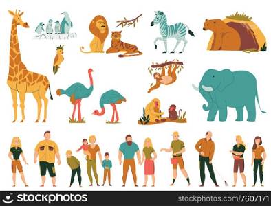 Flat colored set with wild animals birds and visitors with children at zoo isolated vector illustration