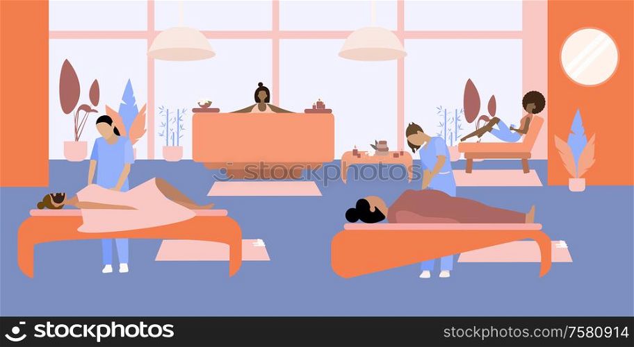 Flat colored spa procedure illustration with massage and relaxation procedures and beauty relaxation vector illustration