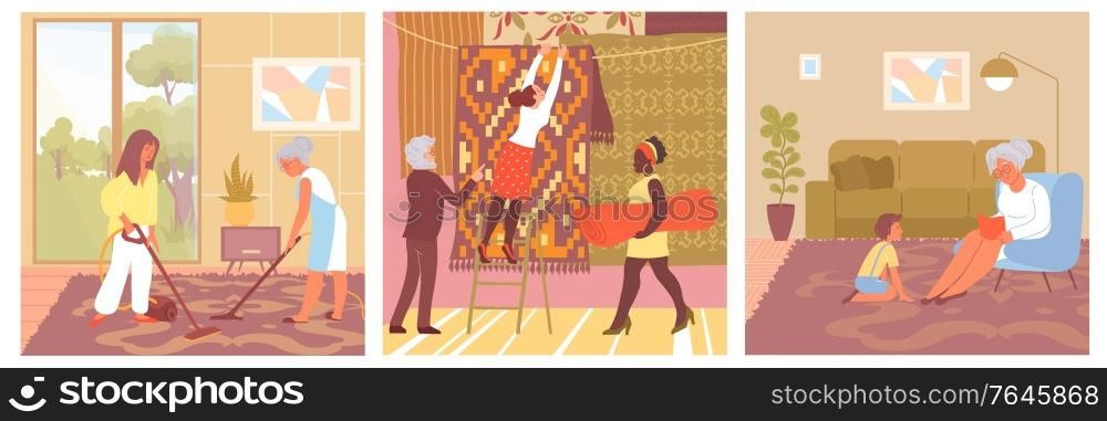 Flat composition set with patterned carpets on floors in living room and in shop isolated vector illustration