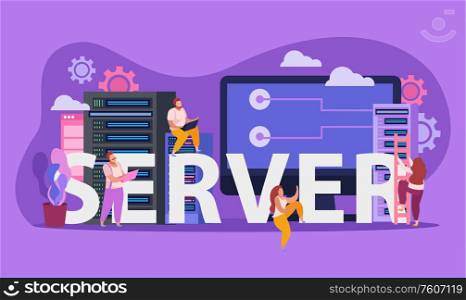 Flat composition with male and female system administrators server computer monitor vector illustration