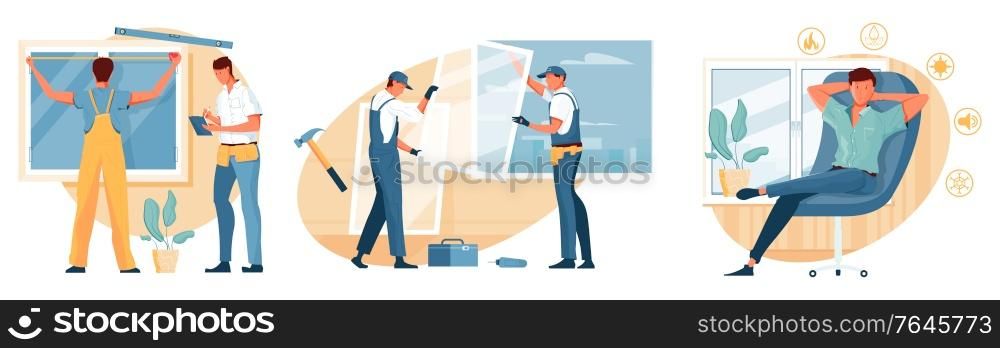 Flat composition with man in armchair and workers measuring and installing modern plastic windows isolated vector illustration