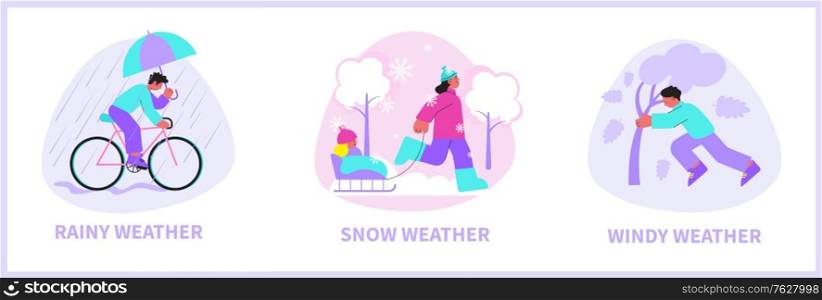 Flat compositions with people walking riding bike sleighing in rainy snowy windy weather isolated vector illustration