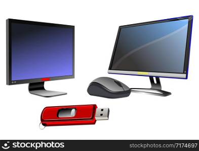 Flat computer monitor. Display. Mouse and disk on key.Vector illustration