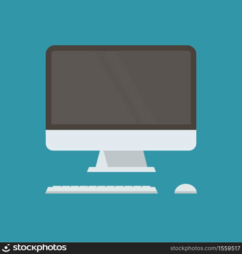 Flat computer screen with keyboard and mouse on blue background vector illustration.