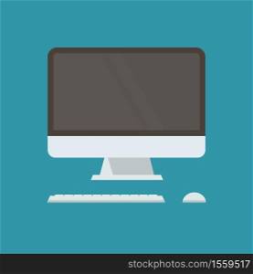 Flat computer screen with keyboard and mouse on blue background vector illustration.