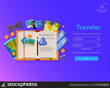 Flat concept background with doodle style images of travelers personal things text and sign in button vector illustration