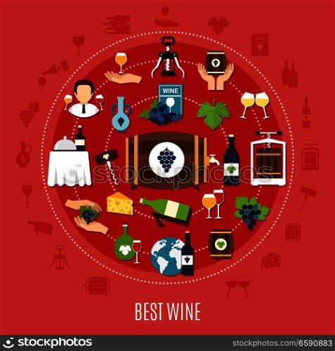 Flat concept with best wine utensils cheese grapes and sommelier on pink background vector illustration. Best Wine Flat Concept