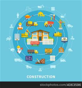 Flat construction elements with building tools equipment vehicles transport house and workers isolated vector illustration. Flat Construction Elements