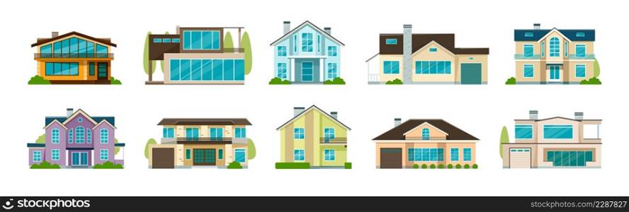 Flat cottage houses, residential villas, modern suburban housing. Real estate, house for sale, country house, residence property vector set. Illustration of home building cottage and house. Flat cottage houses, residential villas, modern suburban housing. Real estate, house for sale, country house, residence property vector set