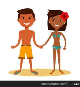 Flat Couple in swimsuits holding hands on white vector illustration. Vacation concept. poster, banner, card, logo design. Flat Couple in swimsuits holding hands on white vector illustration. Vacation concept.