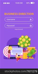 Flat crowdfunding background with login form and people collecting money for business ideas vector illustration
