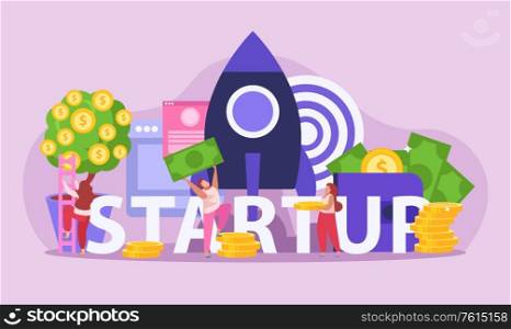 Flat crowdfunding composition with rocket and people collecting money for startup vector illustration