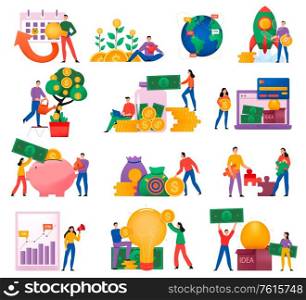 Flat crowdfunding icon set with donating money and becoming a sponsor of new business vector illustration