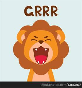 Flat cute lion open mouth roar. Trendy Scandinavian style. Cartoon animal character vector illustration isolated on background. Print for kids apparel, nursery decoration, poster, funny avatars.