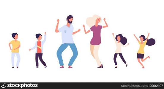 Flat dancing people. Happy kids and adults dancers vector characters. Male and female dance battle concept. Illustration dancer man and woman, dancing children. Flat dancing people. Happy kids and adults dancers vector characters. Male and female dance battle concept