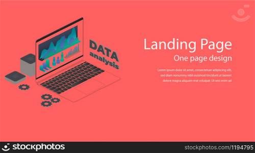 Flat data analysis isometric laptop notebook vector illustration. Landing page template and infographic statistics diagram elements on a red color background. Infrastructure network website