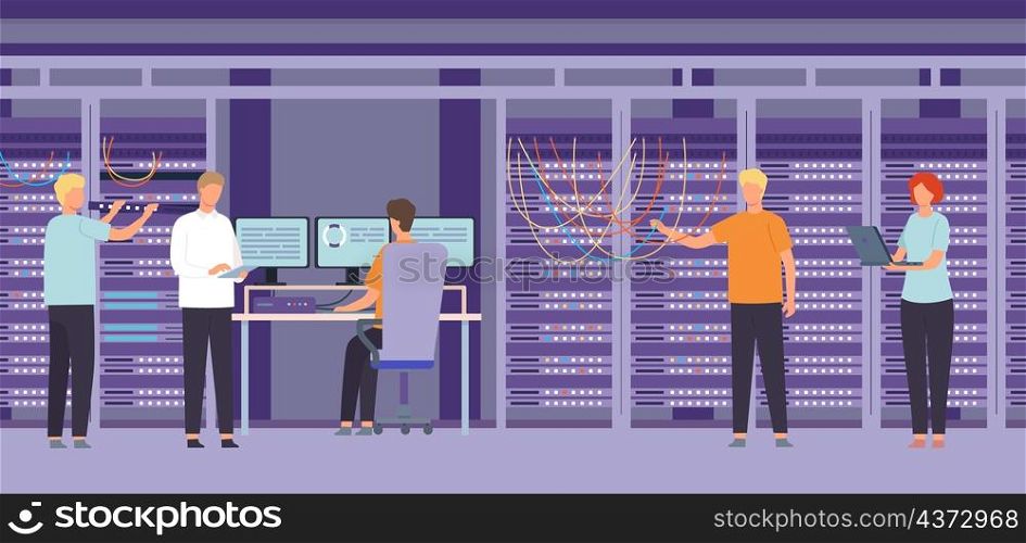 Flat data center room with system administrators, support and repair server worker. Database and web hosting storage technology vector scene. Illustration of system server database. Flat data center room with system administrators, support and repair server worker. Database and web hosting storage technology vector scene