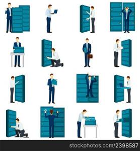 Flat datacenter icons set with servers and engineers figures isolated vector illustration. Flat Datacenter Icons Set