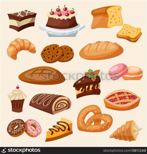 Flat decorative icon pastry and sweets set isolated vector illustration. Flat Icon Pastry Set