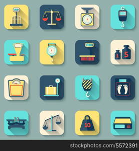 Flat decorative icons set of weight scales tools instruments isolated vector illustration
